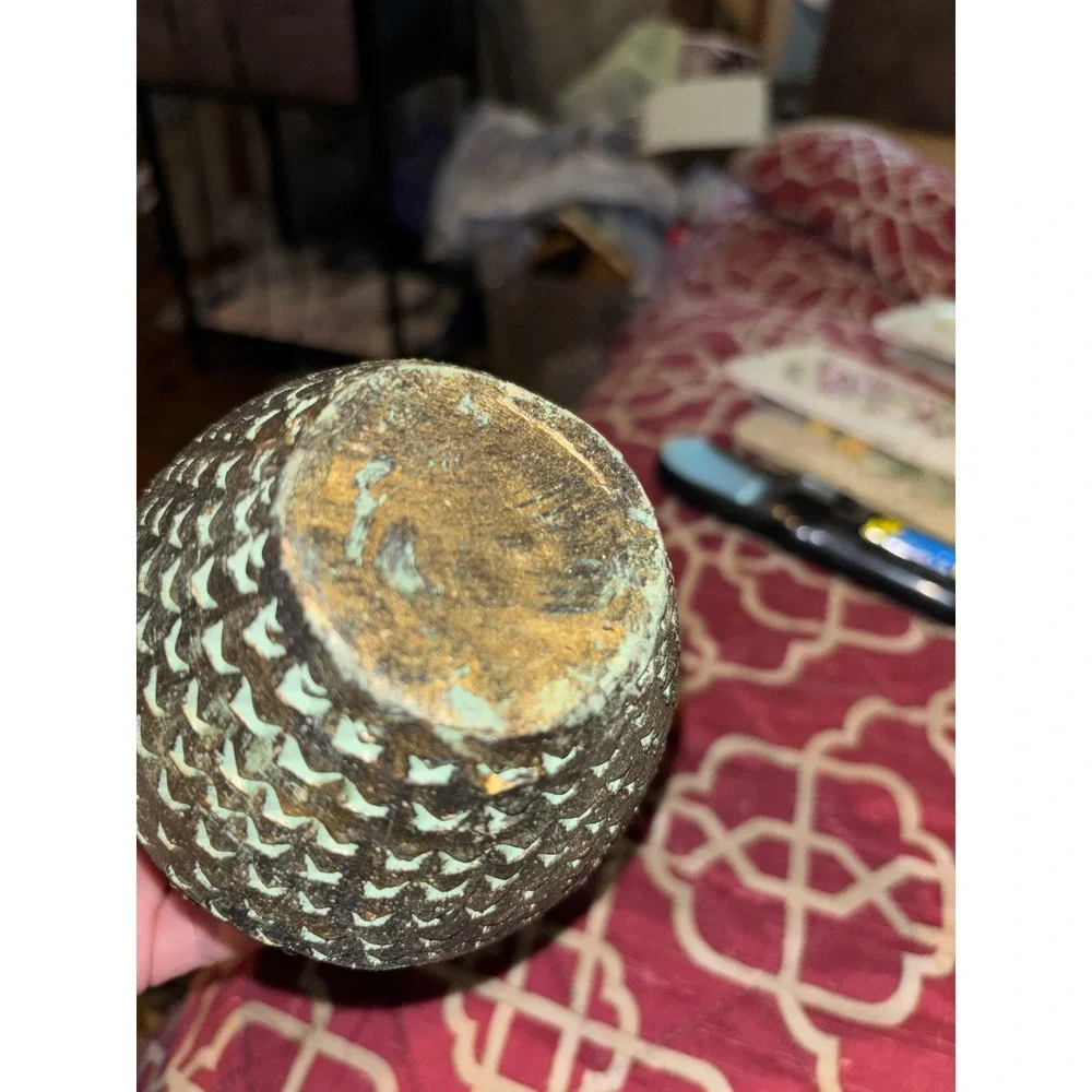 Vintage Style Textured Bronze Metal Bud Vase with Verdigris Patina Ring Handles
